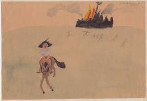 Fille sur un Cheval Fuyant un Fort en Flammes, vers 1941 - Shirley Markham