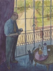 Homme regardant par la fenêtre