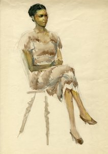 Femme assise en robe marron, vers 1952