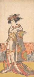 Le Troisième Segawa Kikunojo en Femme Debout dans une Pièce avec un Dado à Motif de Vague, vers 1779 - Shunsho