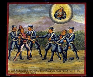 Ex-voto sicilien : "Le carabinier Manna par miracle ne perd pas la vie le 27/08/1872". Représentation d