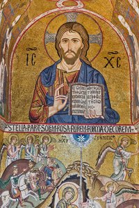 Chapelle Palatine (Basilique), abside sud ou "absidiola" de Saint Paul, mosaïques : "Christ Pantocrator" et "Nativité", XIIe siècle
