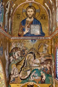 La Chapelle Palatine (Basilique), abside sud ou absidiola de Saint Paul, mosaïques : Christ Pantocrator et Nativité, XIIe siècle - Sicilian School