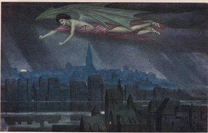 Lucifer volant au-dessus de la ville. 