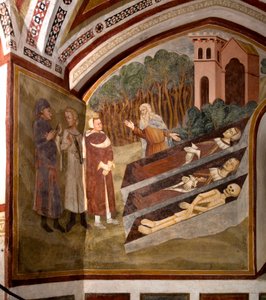 La Rencontre des Trois Vifs et des Trois Morts (ou Dict) Les trois vivants et un ermite devant les trois cercueils présentant des cadavres à différents stades de décomposition. Détail d