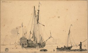 Scène de port avec bateaux et pêcheur