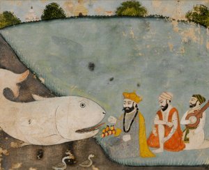 Guru Nanak avec Bala, Mardana et le grand poisson (Vishnu en Matsyavatara)