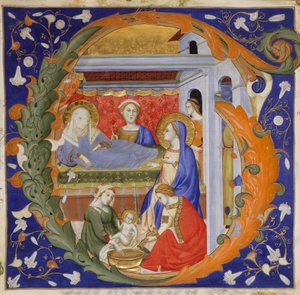 Enluminure de manuscrit avec la naissance de la Vierge dans une initiale G, d
