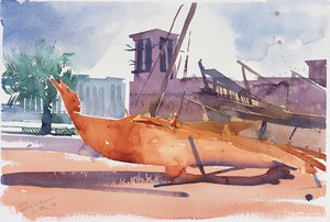 Dubaï, bateaux et tours à vent, 2004 (aquarelle sur papier) - Simon Fletcher