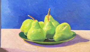 Cinq poires vertes (huile sur carton)