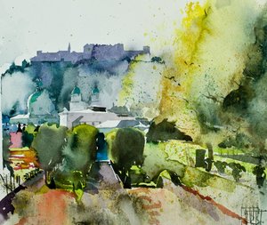 Salzbourg depuis les jardins de Mirabell, 2008 (aquarelle)