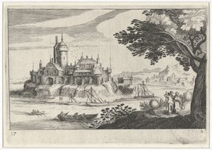 Paysage vallonné avec un château sur une île - Simon Frisius