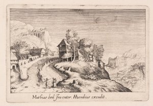 Paysage avec un sentier sur une montagne à travers un village, tiré de Topographia Variarum Regionum - Simon Frisius