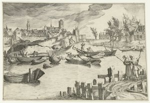 Paysage fluvial avec une ville en arrière-plan - Simon Frisius