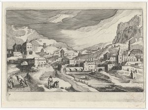 Vue de ville dans une vallée fluviale (Zuid-Europese landschappen, Topographia variarum regionum)