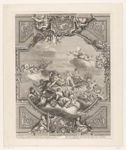 Plafond à Versailles : Apollon distribue des récompenses aux Arts et Sciences, Minerve couronne le génie de la France