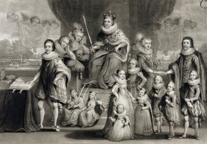Sa Majesté Jacques Ier et sa progéniture royale avec la famille du roi de Bohême, gravé par Charles Turner, 1814 - Simon de Passe