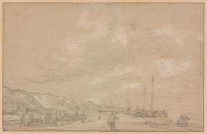 Pêcheurs séchant leurs filets sur la plage de Scheveningen - Simon de Vlieger