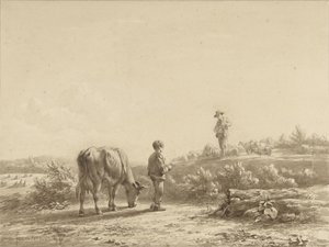 Garçon avec vache et berger