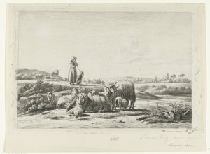 Paysage avec bergère et chien près d