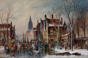 Un défilé de carnaval sur un canal gelé, vers 1840-60 (huile sur toile) - Simon van der Ley