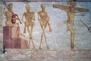 Trois squelettes jouant la Danse macabre et le Christ en croix (détail)
