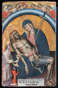 Lamentation sur le Christ mort avec le client, Iohannes de Elthinl, par Simone dei Crocifissi, vers 1368. La Vierge est représentée comme Notre-Dame des Douleurs, avec une épée dans son cœur. - Simone dei Crocifissi
