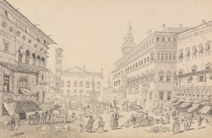 Album de 30 vues au Tyrol et en Italie : Place à Bologne, Cathédrale et Palais du légat du Pape 12 novembre 1840 - Sir Charles D