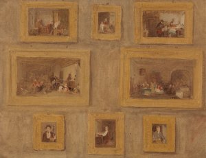 Le seul enfant ; La guimbarde ; Le doigt coupé ; Colin-maillard ; Le jour du loyer ; Le joueur de cornemuse écossais ; Le prie-Dieu ; et Autoportrait : Une esquisse des huit peintures encadrées et accrochées au mur - Sir David Wilkie