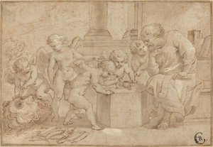 Vieil homme regardant des putti disséquer un œil