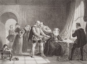 Marie Stuart (1542-87) contrainte de signer son abdication au château de Lochleven en 1567, tiré de 