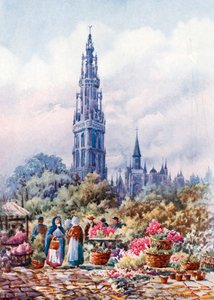 Cathédrale et Place Verte, Anvers (lithographie couleur)