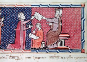 Une Femme prêtant serment devant le Roi Jacques Ier (1207-76) de Majorque, détail du magistrat, de la femme et du scribe, du Capbreu de Clayra et de Millas, 1292 - Spanish School
