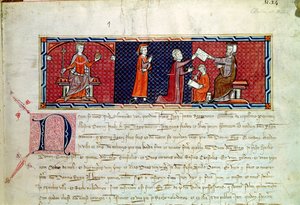 Une femme prêtant serment devant le roi Jacques Ier (1207-76) de Majorque, du Capbreu de Clayra et de Millas, 1292 - Spanish School