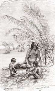 Une famille de natifs Sápara sur un banc de sable au bord de la rivière Napo, Équateur - Spanish School