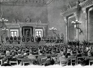 Une réunion de nationalistes catalans réunis à la mairie de Manresa, pour la rédaction des 16 bases servant à la constitution régionale catalane en 1892. Dessin de Jaume Pahissa - Spanish School