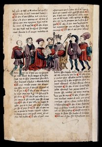 Un homme présente un livre au roi, miniature dans "Libro de los Castigos o Documentos para Bien Vivir"