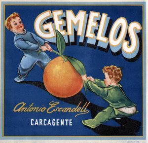 Publicité pour les oranges, image de deux bébés jumeaux se battant pour une orange. Affiche publicitaire, Valence - Spanish School