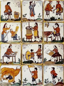 Métiers artisanaux : cordonnier, tonnelier, fabricant de paniers en osier, vigneron, dessinateur, musicien, traite des vaches, rémouleur, fermier, ébéniste. Carreaux de céramique catalane (Espagne) - Spanish School