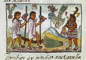 Codex de la conquête du Mexique : marchands déguisés à Tzinacantlan. Miniature du manuscrit florentin 