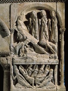 Déposition du Christ. Sculpture réalisée par le maître de Saint Dominique de Silos (12ème siècle). Relief sur pierre