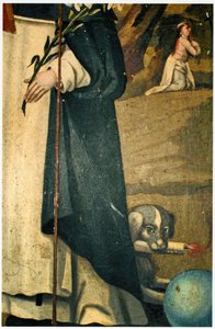 Détail montrant le lys, le bâton et le chien avec une torche, attributions de Saint Dominique - Spanish School