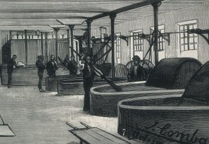 Économie (19ème siècle). Usine de papier en Espagne La Guipuzcoana. Salle des cylindres et blanchisseuse de l