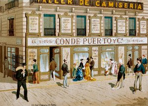 Mode : affiche publicitaire pour la boutique de tissus "Conde Puerto", Barcelone. 19e siècle - Spanish School