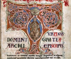 Initiale T avec une représentation de Charlemagne, illustration du Codex Calixtinus - Spanish School