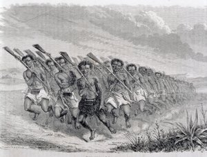 Guerriers maoris exécutant une danse de guerre, illustration de 
