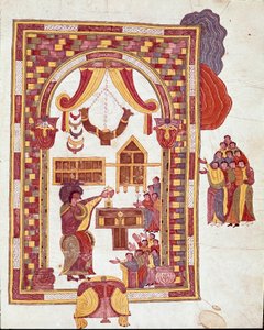 Art mozarabe : le temple de Jérusalem, Aaron est représenté comme un grand prêtre devant un autel - Spanish School