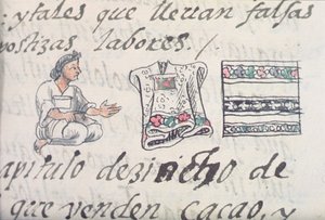 Ms Palat. 218-220 Livre IX Un marchand aztèque vendant des manteaux, extrait du Codex florentin de Bernardino de Sahagún, vers 1540-85 - Spanish School