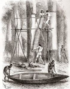 Indiens natifs construisant un canoë sur les rives de la rivière Oyapock ou Oiapoque, Amérique du Sud (gravure)