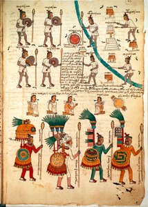 Page du Codex Mendoza montrant des guerriers aztèques armés de lances et de boucliers, c.1541-42